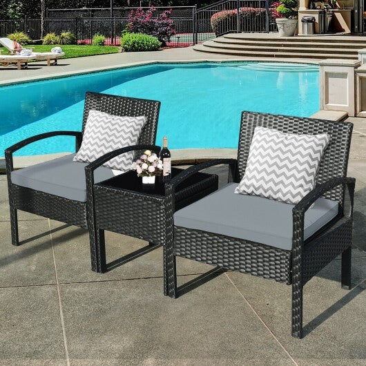3 Pieces Outdoor Rattan Patio Conversation Set with Seat Cushions-White