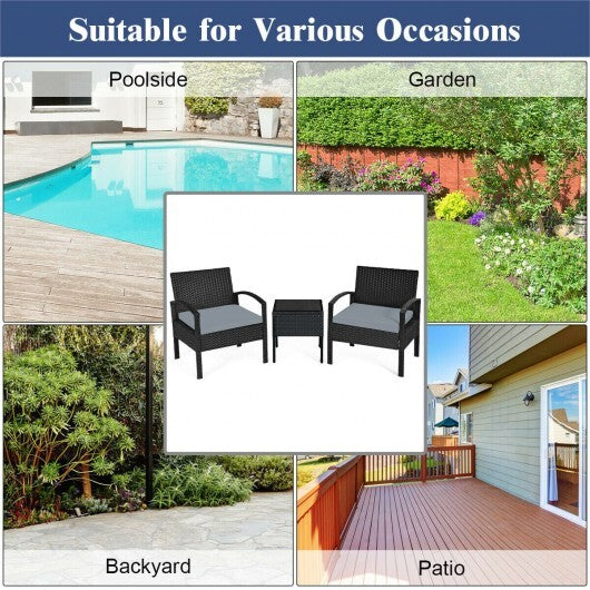 3 Pieces Outdoor Rattan Patio Conversation Set with Seat Cushions-White