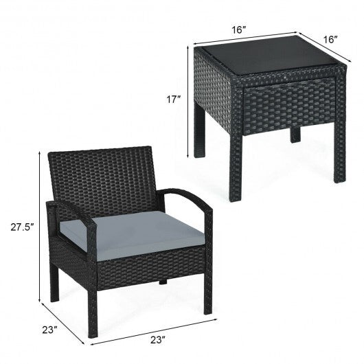 3 Pieces Outdoor Rattan Patio Conversation Set with Seat Cushions-White