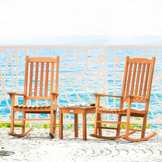 3 Pieces Eucalyptus Rocking Chair Set with Coffee Table