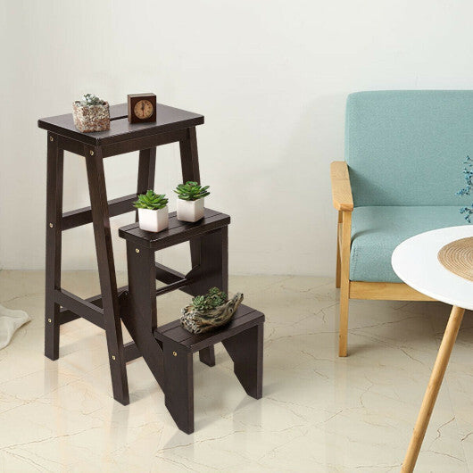 3 Tier Step Stool 3 in 1 Folding Ladder Bench-Brown