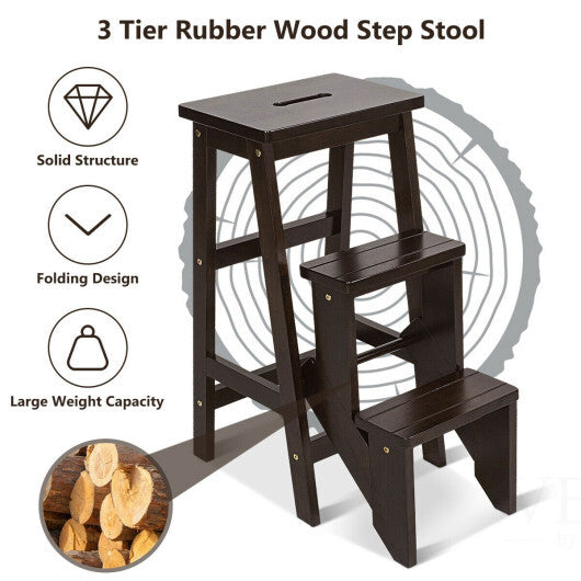 3 Tier Step Stool 3 in 1 Folding Ladder Bench-Brown