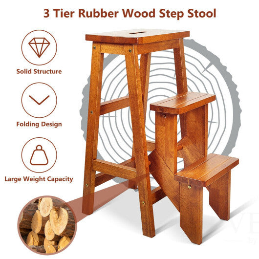 3 Tier Step Stool 3 in 1 Folding Ladder Bench-Brown