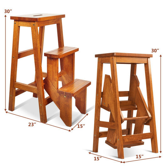 3 Tier Step Stool 3 in 1 Folding Ladder Bench-Brown