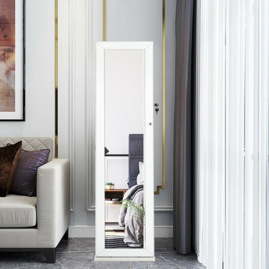 Standing Lockable Jewelry Storage Organizer with Full-Length Mirror-White