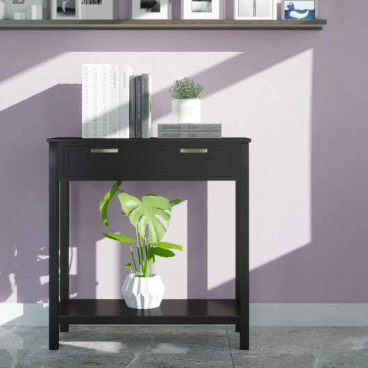 Narrow Console Table with Drawers and Open Storage Shelf-White