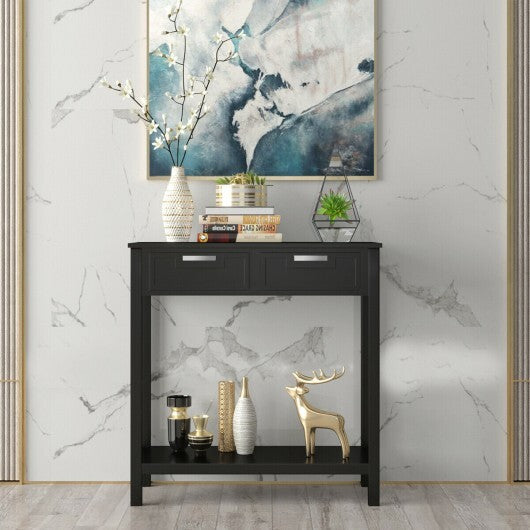 Narrow Console Table with Drawers and Open Storage Shelf-White