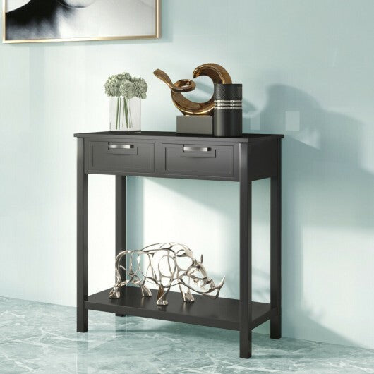 Narrow Console Table with Drawers and Open Storage Shelf-White