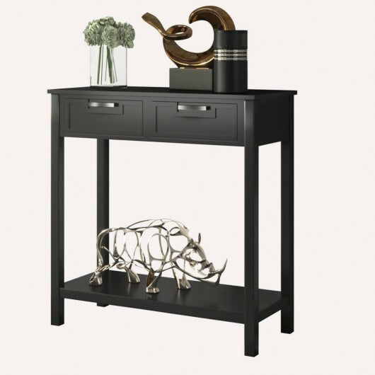 Narrow Console Table with Drawers and Open Storage Shelf-White