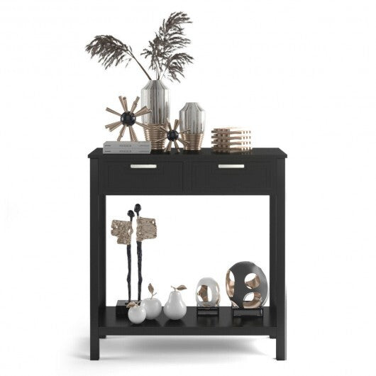 Narrow Console Table with Drawers and Open Storage Shelf-White