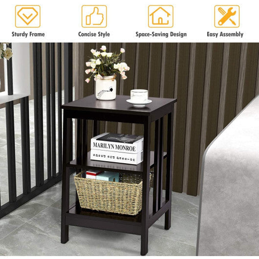 2 Pieces 3-Tier Nightstand with Reinforced Bars and Stable Structure-Black
