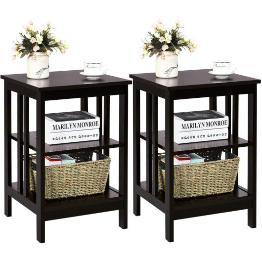 2 Pieces 3-Tier Nightstand with Reinforced Bars and Stable Structure-Black