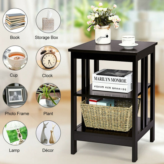 3-Tier Nightstand Sofa Side Table with Baffles and Round Corners-Black