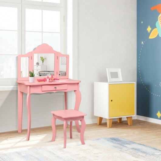 Kids Makeup Dressing Mirror Vanity Table Stool Set-Pink