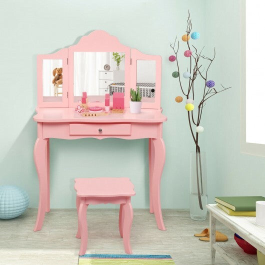 Kids Makeup Dressing Mirror Vanity Table Stool Set-Pink