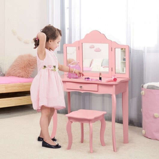 Kids Makeup Dressing Mirror Vanity Table Stool Set-Pink