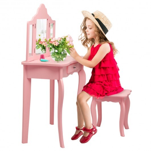 Kids Makeup Dressing Mirror Vanity Table Stool Set-Pink