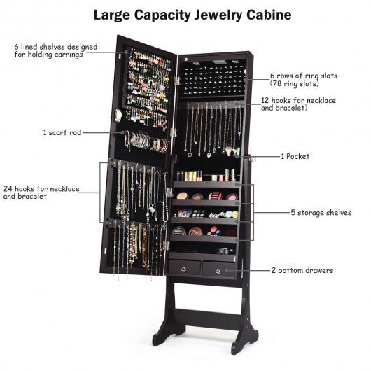 Lockable Mirrored Jewelry Cabinet with Stand and Led Lights-Brown