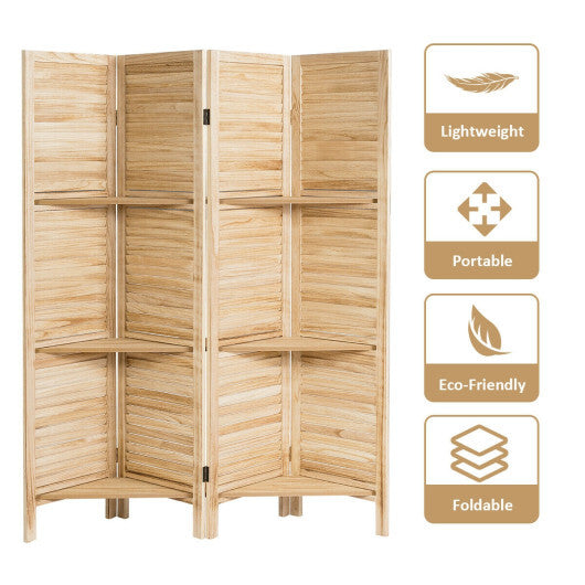 4 Panel Folding Room Divider Screen with 3 Display Shelves-White