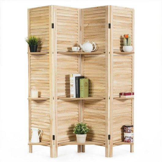 4 Panel Folding Room Divider Screen with 3 Display Shelves-White