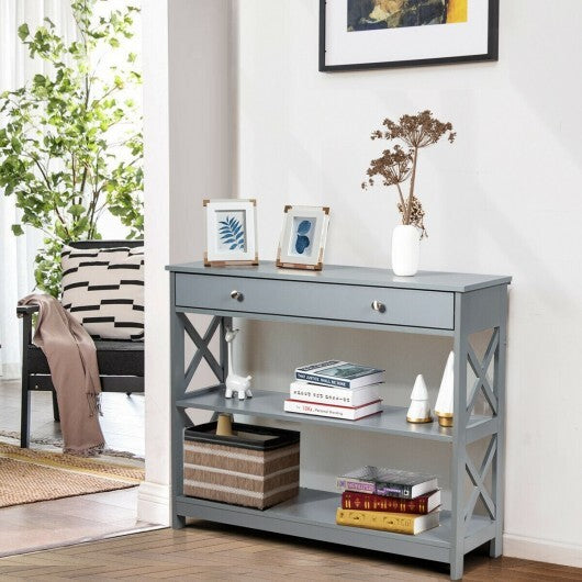Console Table 3-Tier with Drawer and Storage Shelves-Black
