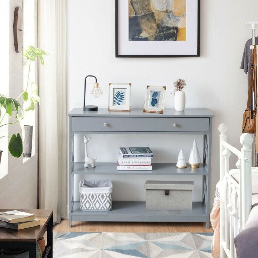 Console Table 3-Tier with Drawer and Storage Shelves-Black