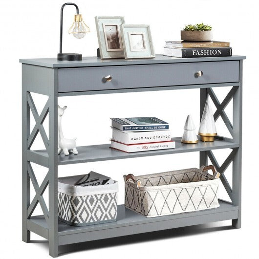 Console Table 3-Tier with Drawer and Storage Shelves-Black