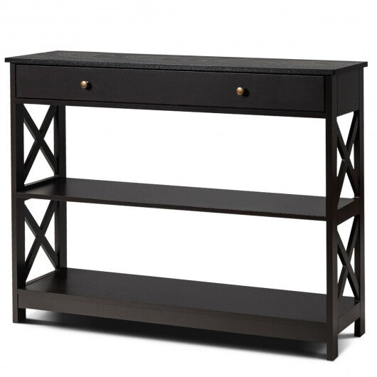 Console Table 3-Tier with Drawer and Storage Shelves-Black