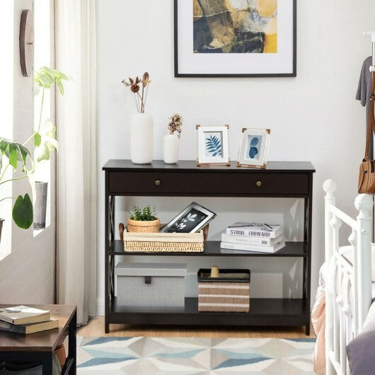 Console Table 3-Tier with Drawer and Storage Shelves-Black