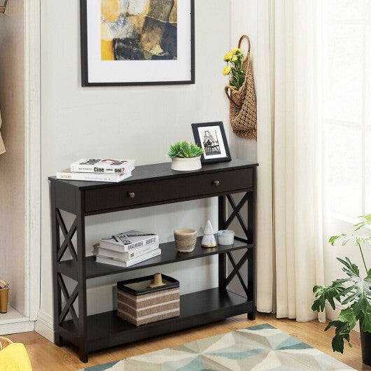 Console Table 3-Tier with Drawer and Storage Shelves-Black