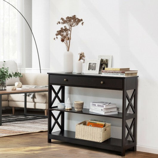 Console Table 3-Tier with Drawer and Storage Shelves-Black