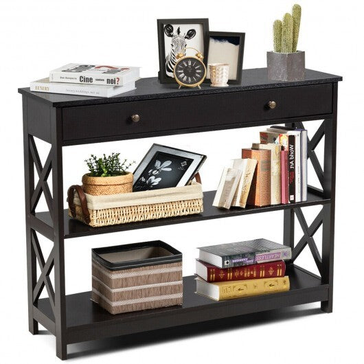 Console Table 3-Tier with Drawer and Storage Shelves-Black