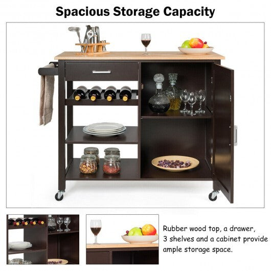 Kitchen Island Cart Rolling Serving Cart Wood Trolley-Brown