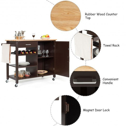 Kitchen Island Cart Rolling Serving Cart Wood Trolley-Brown