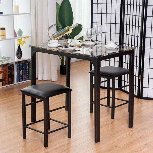 3 Piece Counter Height Dining Set Faux Marble Table-Brown