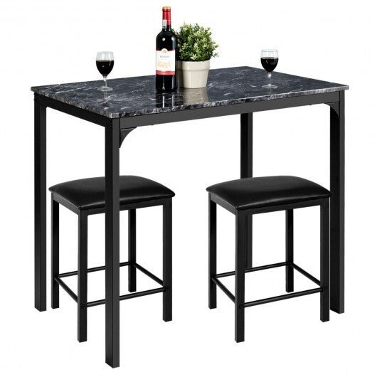 3 Piece Counter Height Dining Set Faux Marble Table-Brown