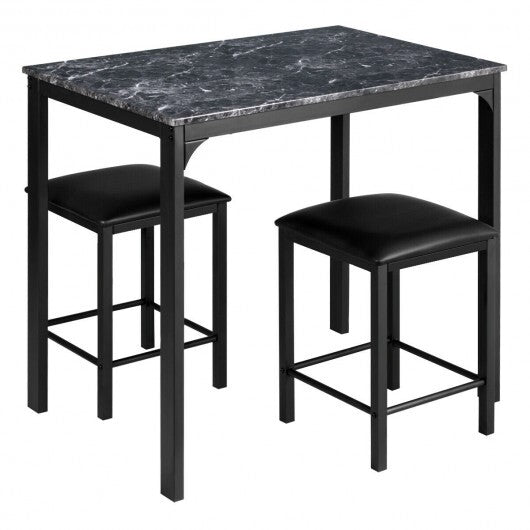 3 Piece Counter Height Dining Set Faux Marble Table-Brown