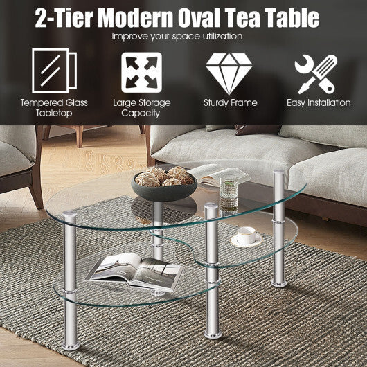 Tempered Glass Oval Side Coffee Table-Black