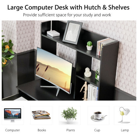 Home Office Computer Desk with Bookcase Keyboard Tray and CPU Stand-White