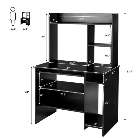 Home Office Computer Desk with Bookcase Keyboard Tray and CPU Stand-White