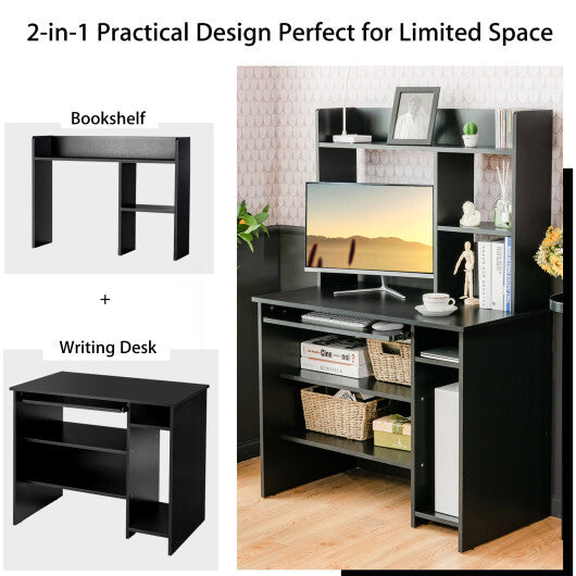 Home Office Computer Desk with Bookcase Keyboard Tray and CPU Stand-White