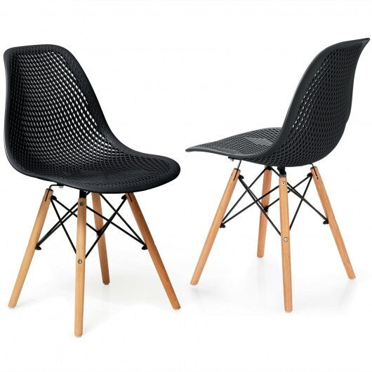 2 Pcs Modern Plastic Hollow Chair Set with Wood Leg-Green