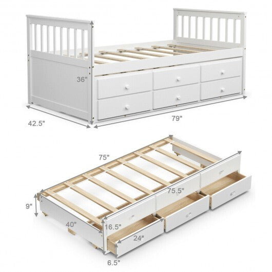 Twin Captain's Bed with Trundle and 3 Storage Drawers-Dark Brown