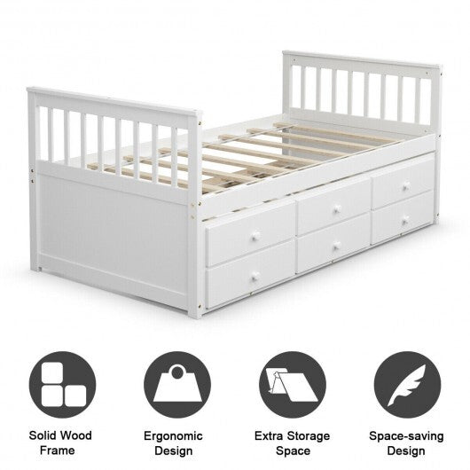 Twin Captain's Bed with Trundle and 3 Storage Drawers-Dark Brown