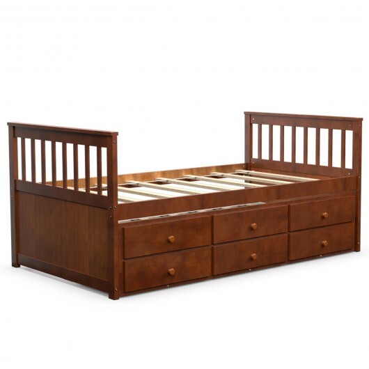 Twin Captain's Bed with Trundle and 3 Storage Drawers-Dark Brown