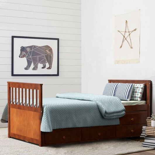 Twin Captain's Bed with Trundle and 3 Storage Drawers-Dark Brown