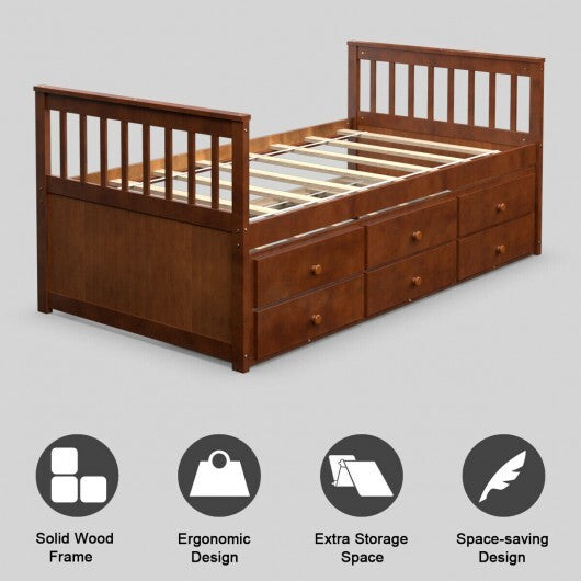 Twin Captain's Bed with Trundle and 3 Storage Drawers-Dark Brown