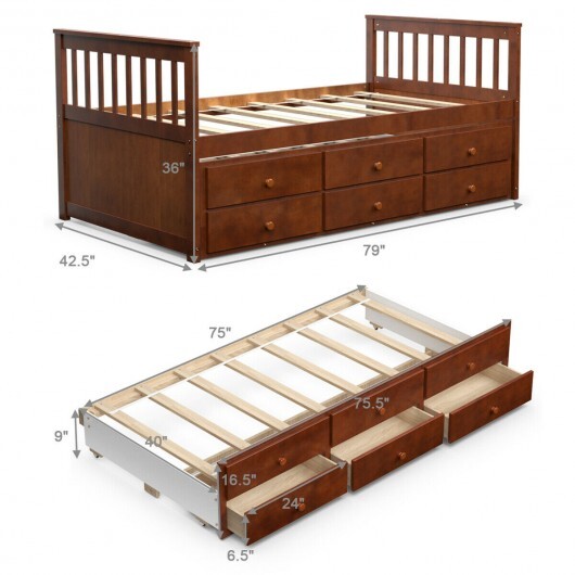Twin Captain's Bed with Trundle and 3 Storage Drawers-Dark Brown
