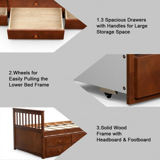Twin Captain's Bed with Trundle and 3 Storage Drawers-Dark Brown
