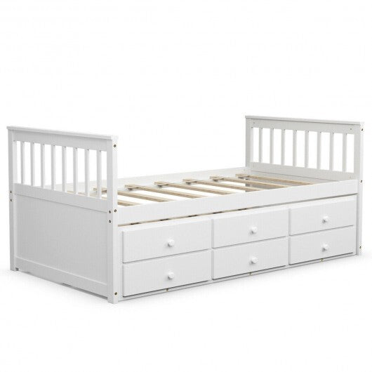 Twin Captain's Bed with Trundle and 3 Storage Drawers-Dark Brown